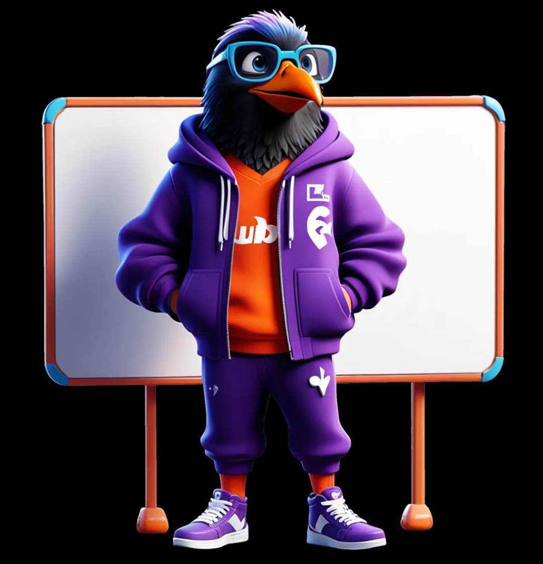 Mynawoo character teaching on whiteboard with language learning content